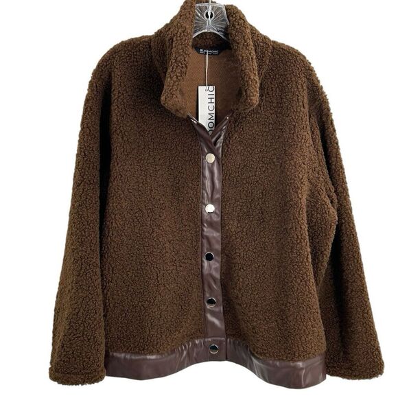 Bloomchic PU Leather Patchwork Metal Detail Brown Teddy Jacket Size 14/16 - Picture 1 of 15